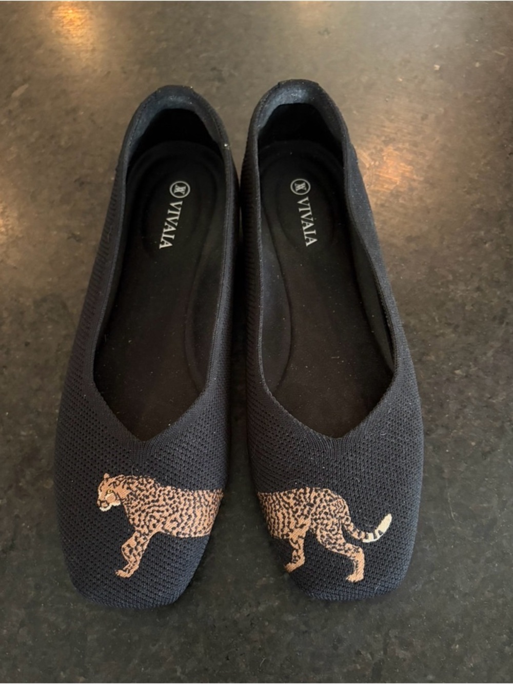 VIVAIA Black Knit Ballet Flats with Leopard Accent